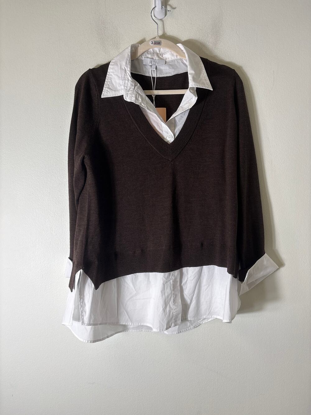 NWT Pearl by Lela Rose Chocolate Poplin Combo Sweater Sz L